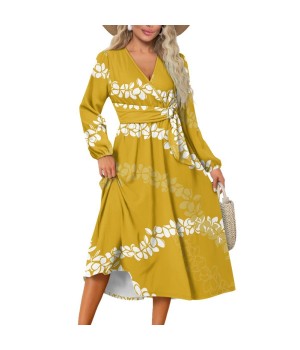 Custom Hawaiian Tropical Style Casual Women's Dresses Long Sleeve Puakenikeni Dress