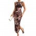 Spring Summer Slim Sleeveless Pleated Slit Printed Women's Dresses Sehe Fashion