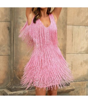 Autumn new tassel sequins sleeveless glittering and attractive evening dress for women