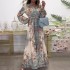 European American High-end Elegant women's Design Sense V-neck Lantern Sleeve Waist Buckle Slim-fit Printed Maxi Dress