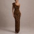 Women's Vintage Sexy Floral Leopard Print Maxi Dress XS Size Crawl Neck Backless Evening Dress with High Slit for Summer