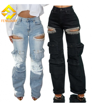 2024 New arrival Women Cargo Pants Women Fashion Mid-rise Jeans Straight Baggy Multi-pocket Hollow out Rhinestones Trousers