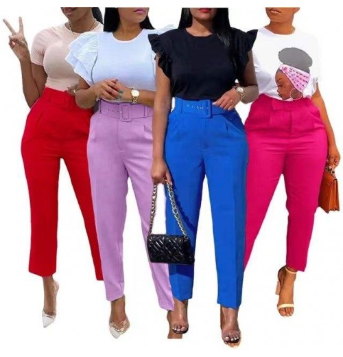 Latest Design Women's Pants Trousers Elegant Career Suits Office Pants For Ladies High Waist Casual Pants With Belt