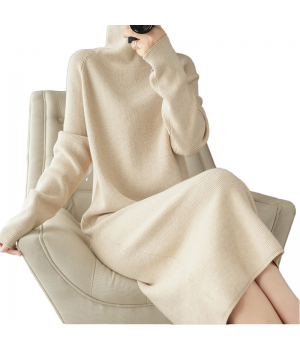 24 Year New Wool High Neck Loose And Thick Long Autumn And Winter Knitted Dress, Knee Over Pullover Wool Dress