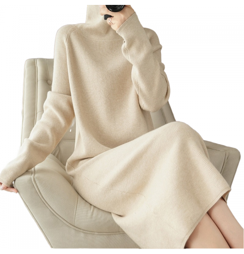 24 Year New Wool High Neck Loose And Thick Long Autumn And Winter Knitted Dress, Knee Over Pullover Wool Dress