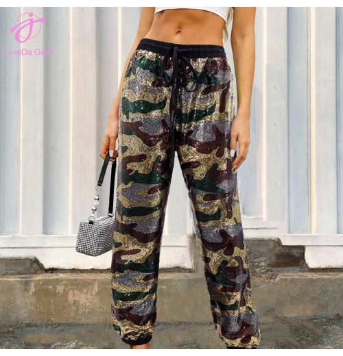 Loveda Fashion Camouflage Sequined Casual Trousers Elastic High Waist Strap Loose Straight Leg Pants