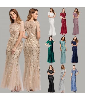 Wholesale Women's Shining Bridesmaid Dress Short Sleeve Flare Long Evening Night Party Dresses