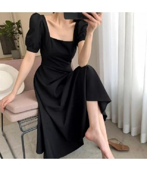 dress for women clothing black square neckline short sleeve a-line waist slim puff sleeve One-Piece Dress