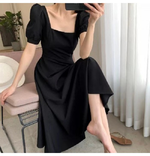 dress for women clothing black square neckline short sleeve a-line waist slim puff sleeve One-Piece Dress